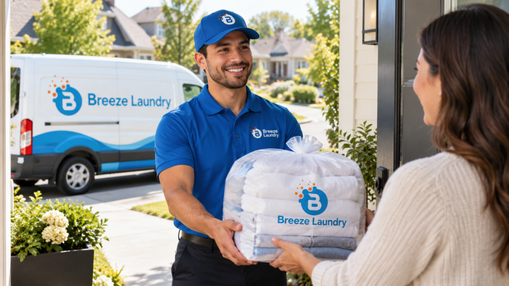 Breeze Laundry pickup and delivery service returning freshly cleaned and folded laundry to a customer