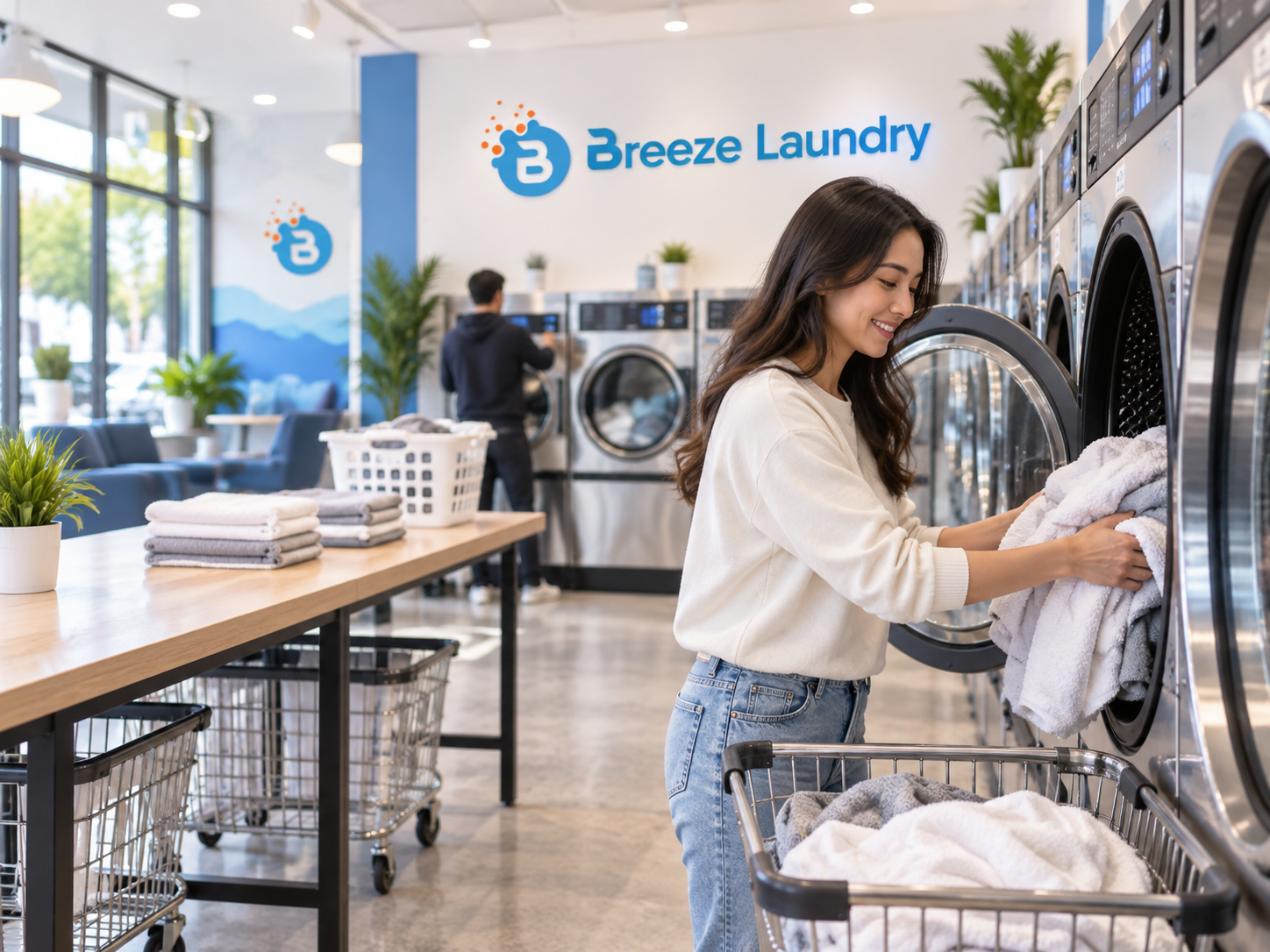woman doing self service vs wash and fold.