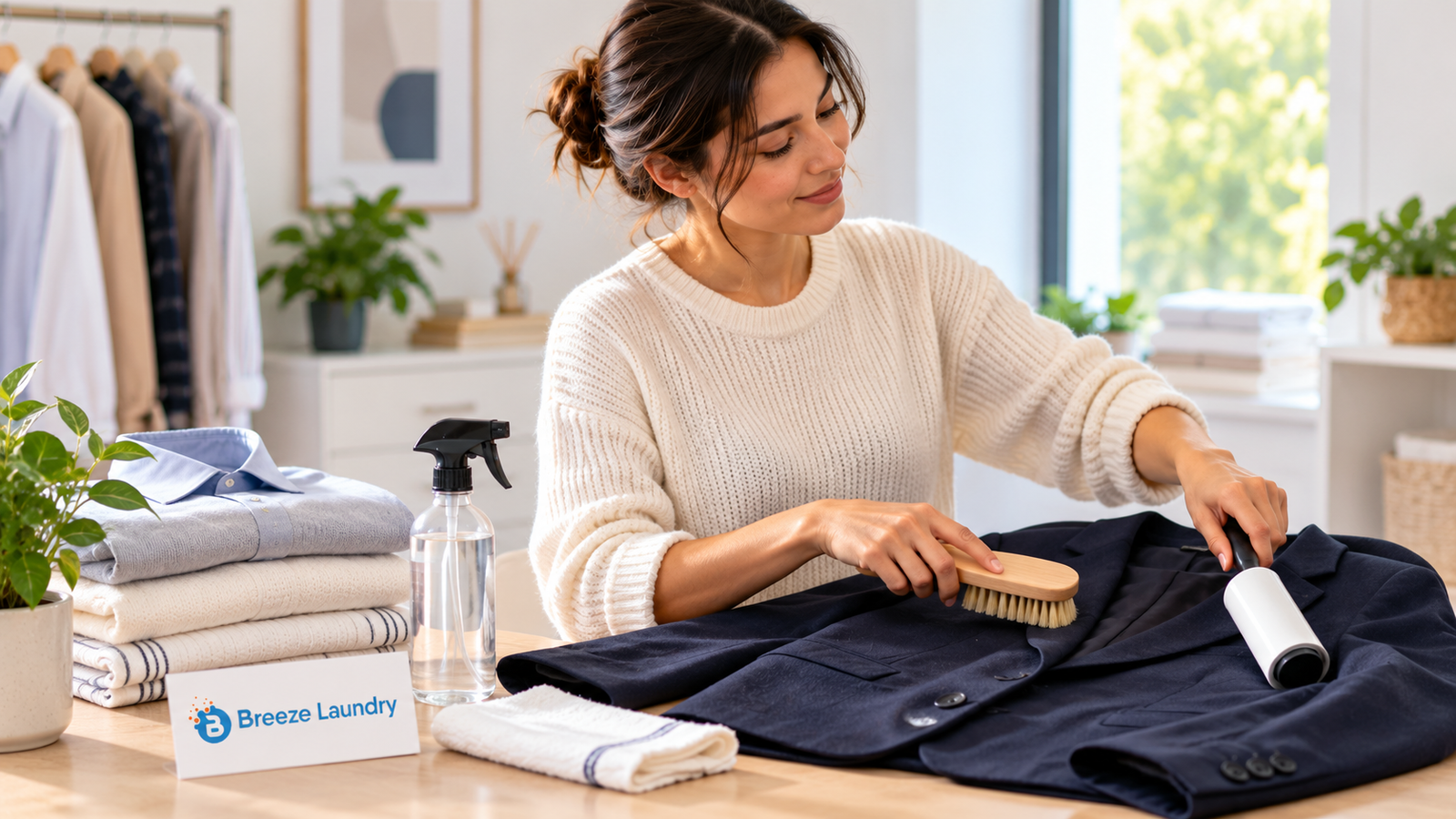 woman showing how to dry clean clothes.