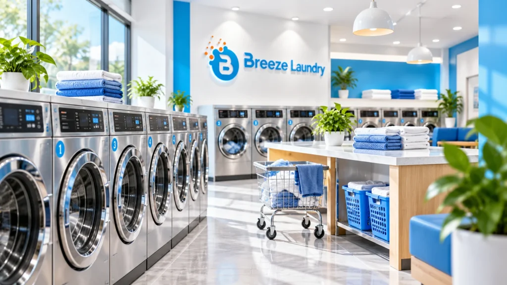 Illustration of a bright Breeze Laundry self-service laundromat with rows of washing machines and folded towels
