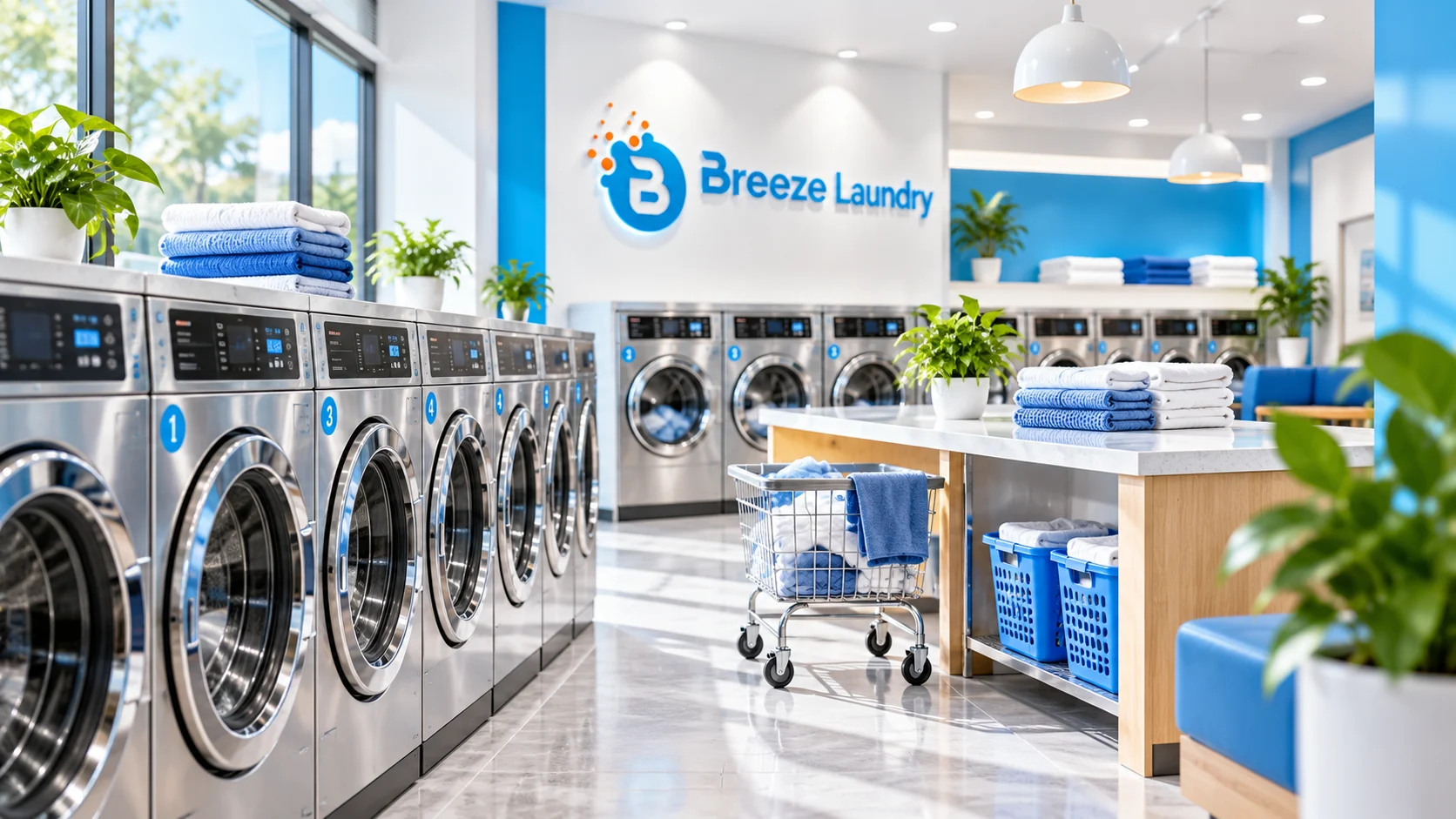 Illustration of a bright Breeze Laundry self-service laundromat with rows of washing machines and folded towels