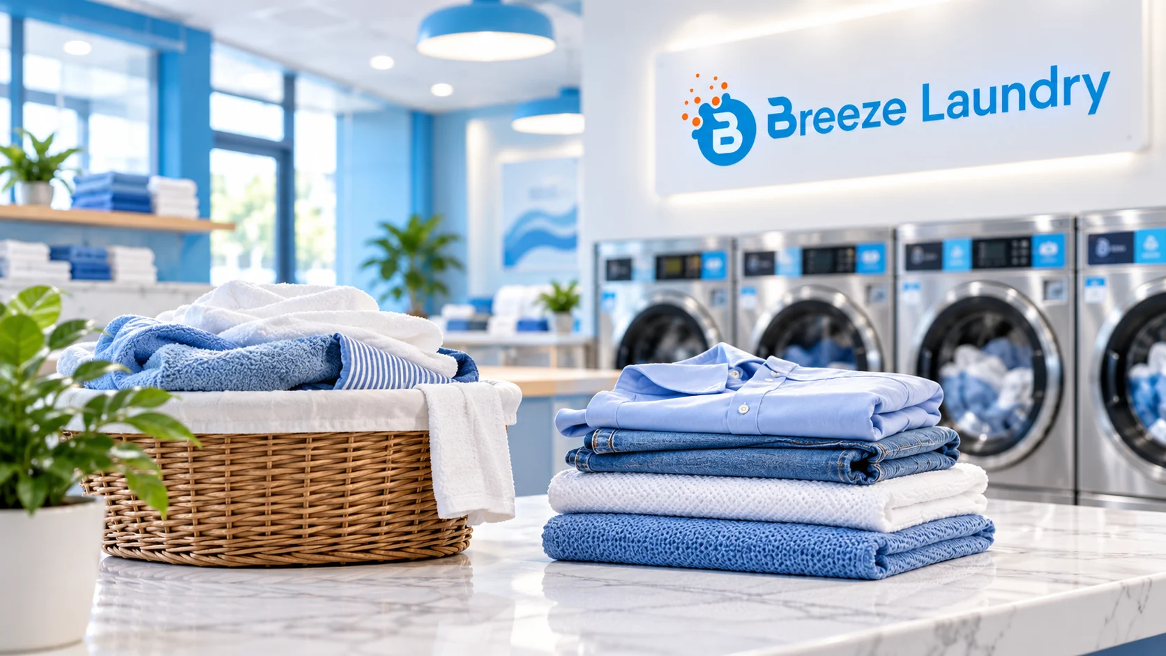 Illustration of clean folded clothes and towels at a Breeze Laundry folding station