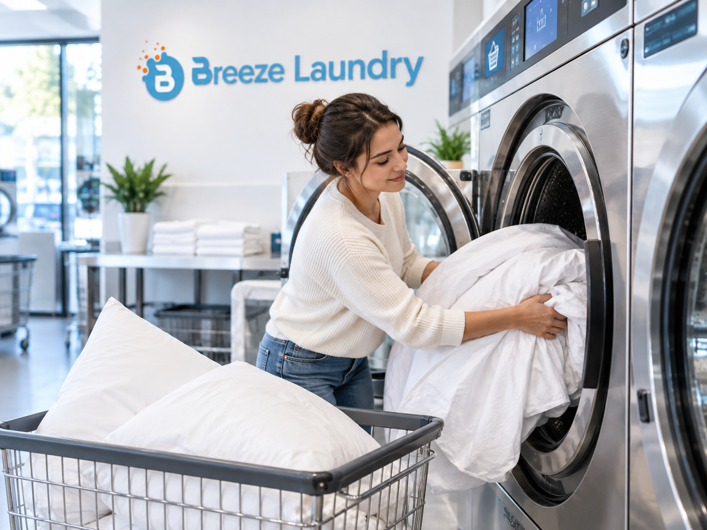 the woman putting in her sheets in the dryer, answering the question, how often should you wash your sheets.