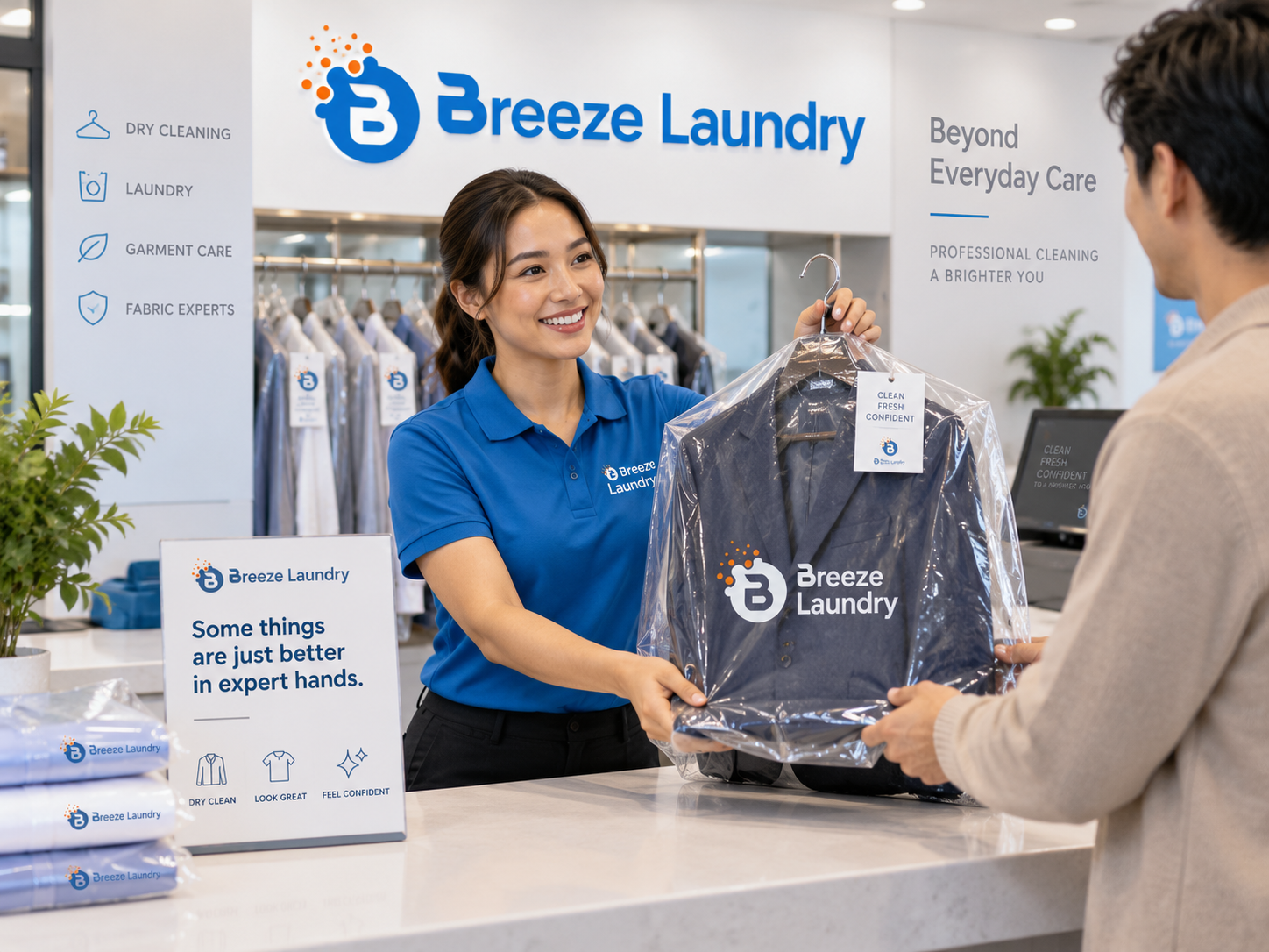 woman giving customer fluff and fold clothes.